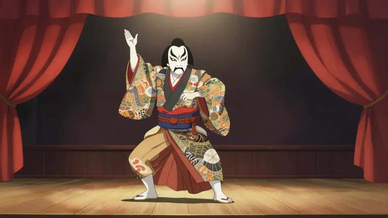 Visual representation of "kabuki" - Kabuki is a form of traditional Japanese theater characterized by elaborate makeup and costumes, often featuring historical plots.