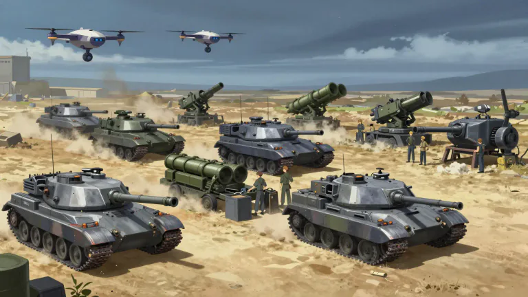 Visual representation of "warcraft" - Various types of military vehicles and equipment used in battle.