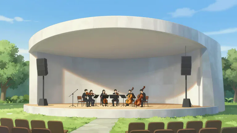 Visual representation of "bandshell" - A bandshell is an outdoor structure with a curved or semi-circular shape that is used for musical performances and concerts, enhancing sound projection.