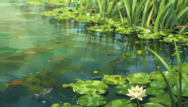 Visual representation of "eutrophic" - Describing a body of water that is rich in nutrients, especially nitrogen and phosphorus, promoting a high level of biological productivity.