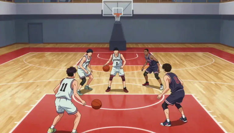 Visual representation of "frontcourt" - In basketball, the area of the court that is opposite the team's defensive zone where the team tries to score.