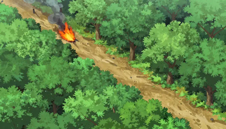 Visual representation of "firebreak" - A firebreak is a strip of land where vegetation has been removed to prevent the spread of fire.
