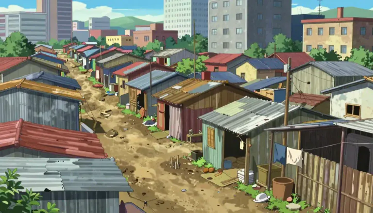 Visual representation of "shantytown" - A shantytown is a settlement of makeshift houses, often found in urban areas, that is typically inhabited by people living in poverty.
