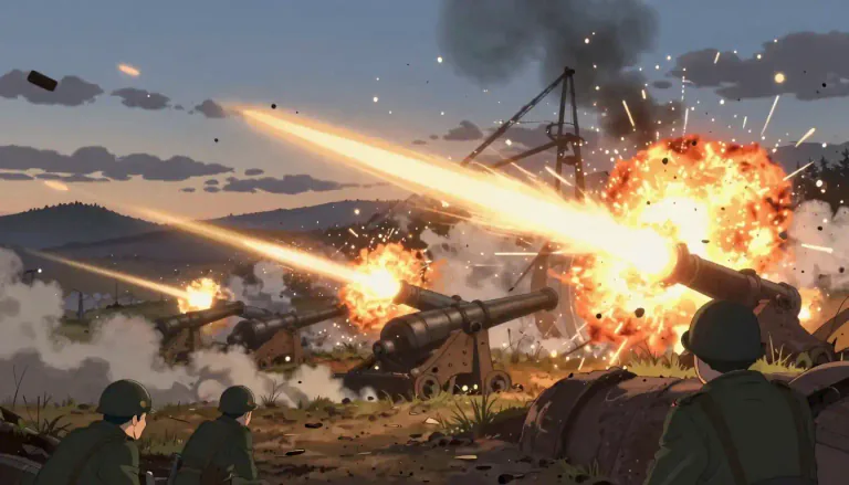 Visual representation of "shellfire" - The firing of explosive shells from artillery guns.