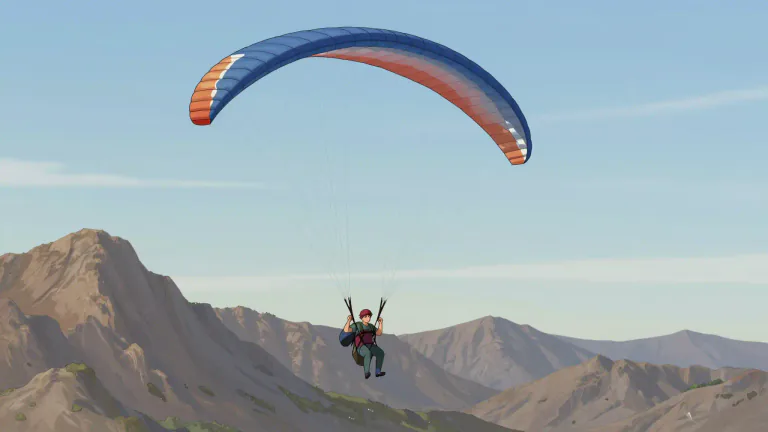 Visual representation of "paraglide" - To fly with a paraglider, which is a type of glider that allows a person to fly by using the wind.