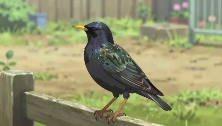 Visual representation of "starling" - A bird with dark feathers that is often seen in gardens and fields.