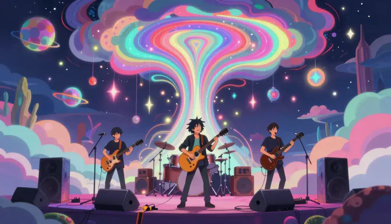 Visual representation of "psychedelia" - A style of rock music that is inspired by the use of drugs to create dream-like, strange, or imaginative experiences.