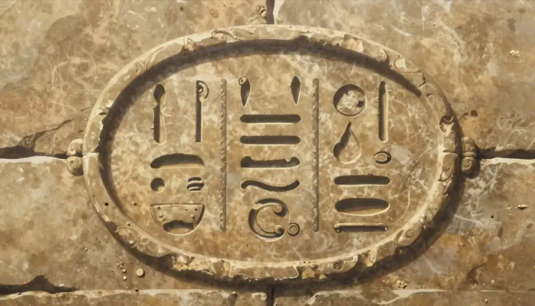 Visual representation of "cartouche" - An oval or oblong design with a slightly convex surface, typically edged with ornamental scrollwork. It is used to bear the name or title of a pharaoh or god in hieroglyphs.