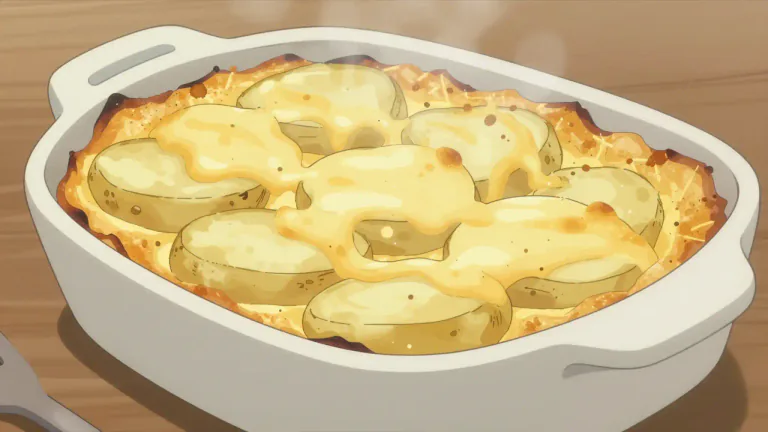 Visual representation of "gratin" - A culinary dish that includes a browned crust, often made with cheese, breadcrumbs, or cream, served on top of vegetables or pasta.