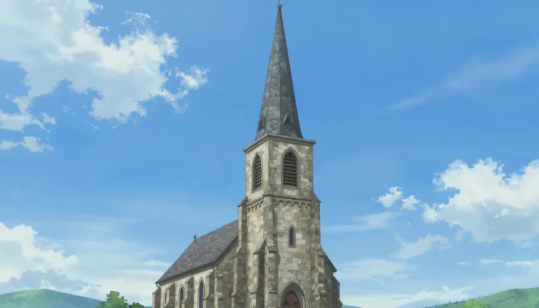 Visual representation of "steeple" - The pointed top part of a building, especially a church.