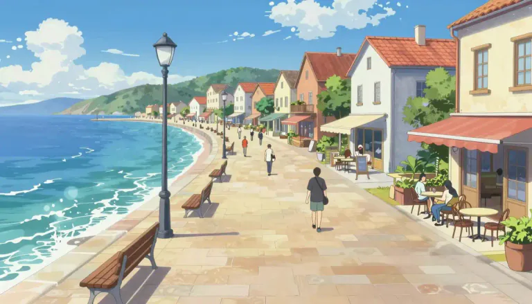 Visual representation of "seafront" - The area in a town or city next to the sea, often a place with a row of businesses, like cafes, shops and restaurants.