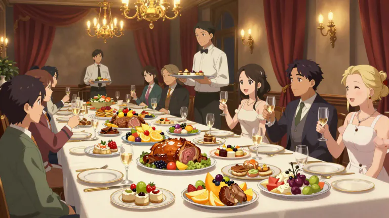 Visual representation of "banquet" - To honor or entertain someone with a big, elaborate meal