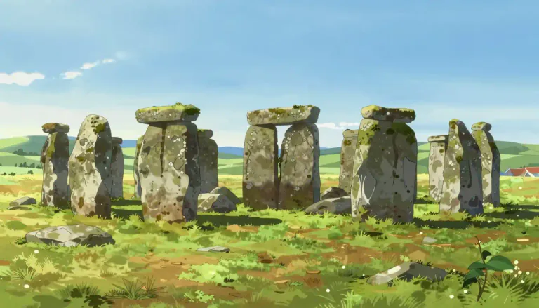 Visual representation of "cromlech" - A prehistoric monument made up of large stones arranged in a circle or flat on the ground.