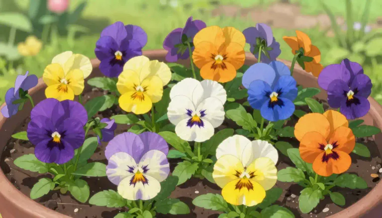 Visual representation of "pansy" - A type of garden plant with large, flat flowers that can be of many different colors.