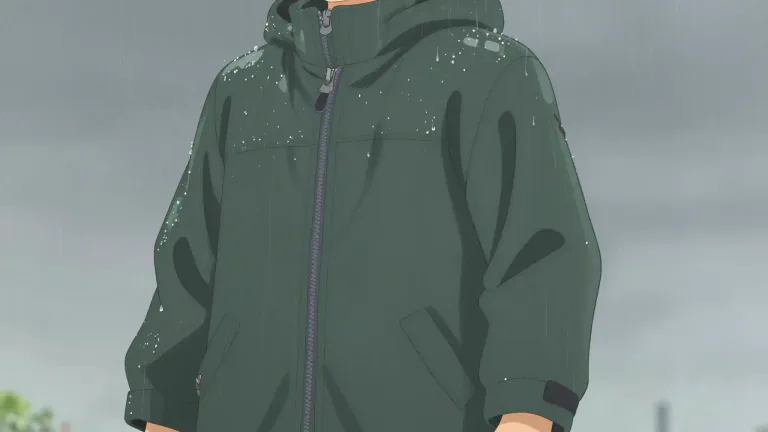 Visual representation of "anorak" - A waterproof jacket with a hood, often worn in cold, rainy weather.