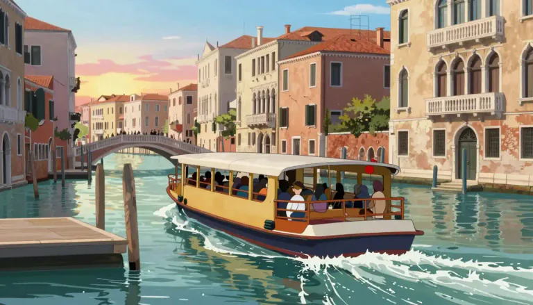 Visual representation of "vaporetto" - A vaporetto is a motorized waterbus used for public transportation on the canals and lagoons of Venice, Italy.