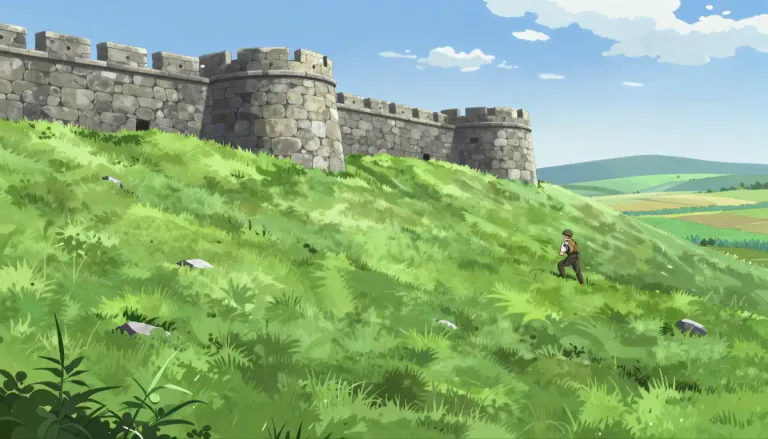 Visual representation of "glacis" - A gentle slope leading down from a fortification, allowing for an unobstructed view and safe movement.