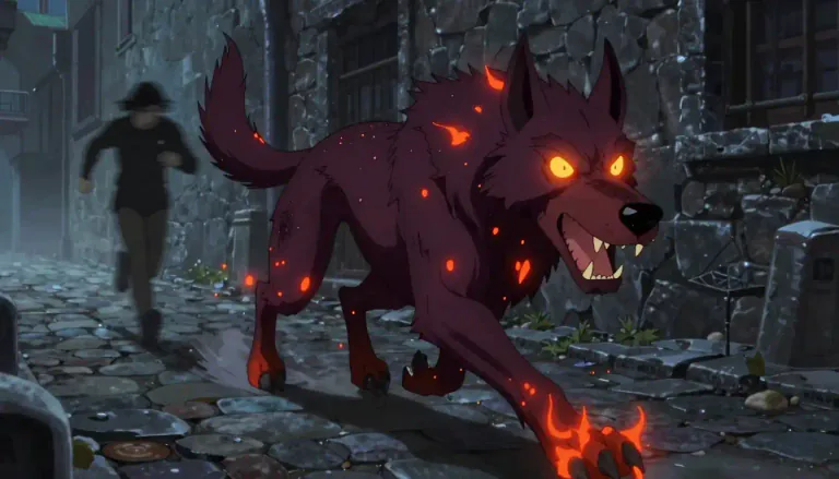 Visual representation of "hellhound" - A representation of a fierce or relentless pursuer.