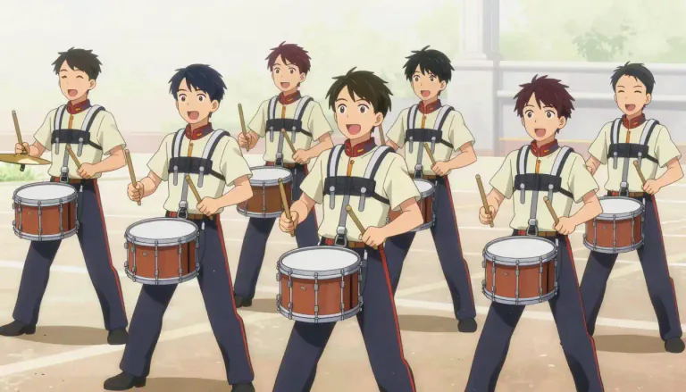 Visual representation of "drumline" - A section of a marching band that plays percussion instruments, typically including snare drums, bass drums, and cymbals, often used in parades and competitions.