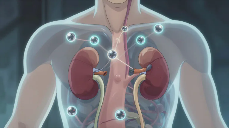 Visual representation of "chelation" - The process of forming a complex between a metal ion and a chelating agent, used in medicine to remove heavy metals from the body.