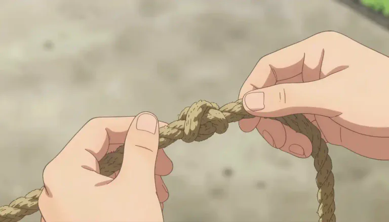 Visual representation of "knot" - A fastening made by looping a piece of string, rope, or something similar on itself and tightening it
