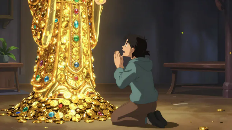 Visual representation of "mammon" - Wealth seen as an object of worship and greedy pursuit.