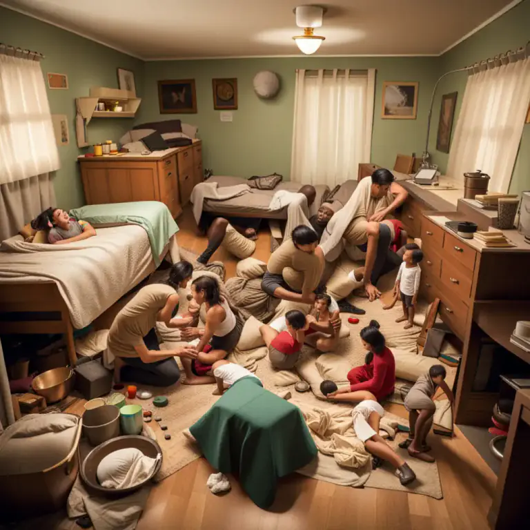 Visual representation of "double up as" - To share a room or house due to poverty