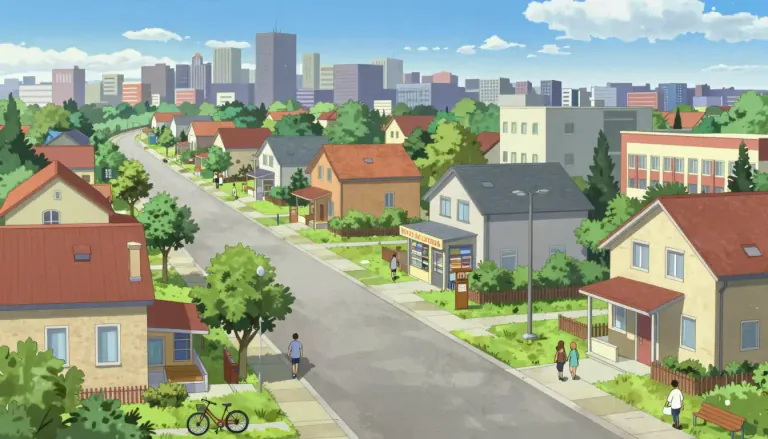Visual representation of "suburb" - An area outside of a city where people live, often with houses, stores and schools.
