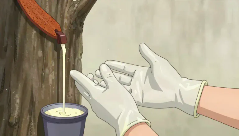Visual representation of "latex" - A type of rubber that comes from a tree or is made artificially and used to make things like gloves, balloons, and condoms.