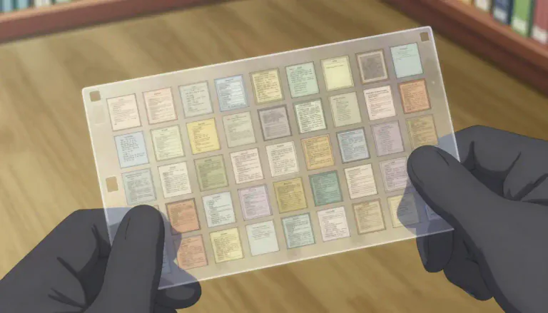Visual representation of "fiche" - A fiche is a flat sheet of microfilm, usually containing images of documents or records.