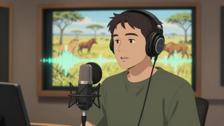 Visual representation of "narrate" - To provide the spoken words for a film, television program, etc.