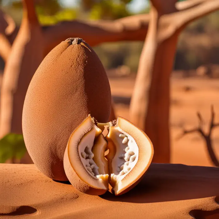 Visual representation of "baobab" - The fruit of the baobab tree, which has a hard shell and is filled with a powdery substance that can be eaten.