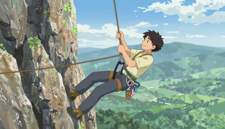 Visual representation of "rappel" - To descend a rock face or other near-vertical surface by using a doubled rope coiled around the body and fixed at a higher point.