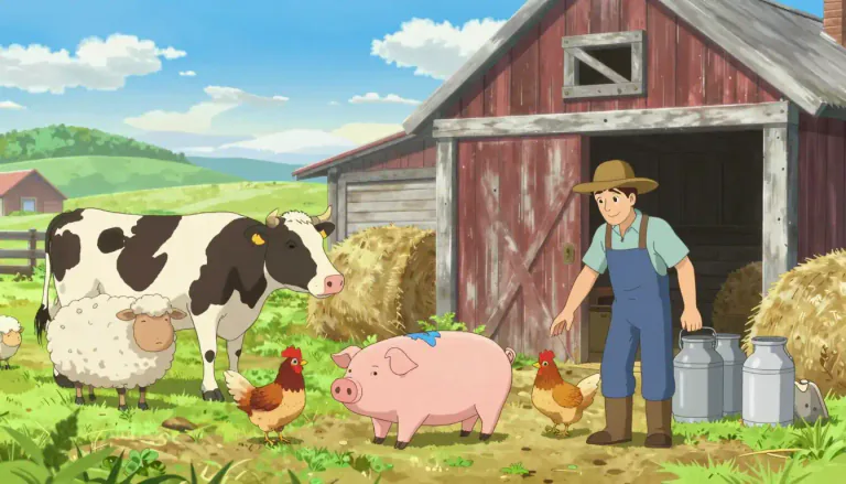 Visual representation of "livestock" - Animals that are kept on a farm for food, work or their byproducts such as milk or wool.