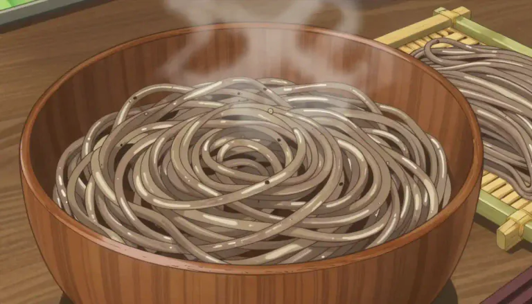 Visual representation of "soba" - Soba refers to thin noodles made from buckwheat flour that is a staple in Japanese cuisine.