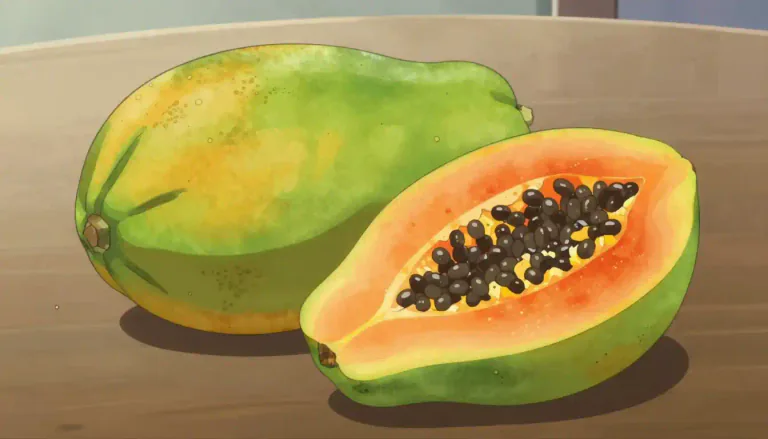 Visual representation of "papaya" - A large tropical fruit with a sweet taste, yellow or orange flesh, and black seeds.