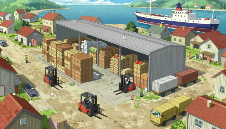 Visual representation of "entrepot" - A place where goods are stored and later sent out to other places
