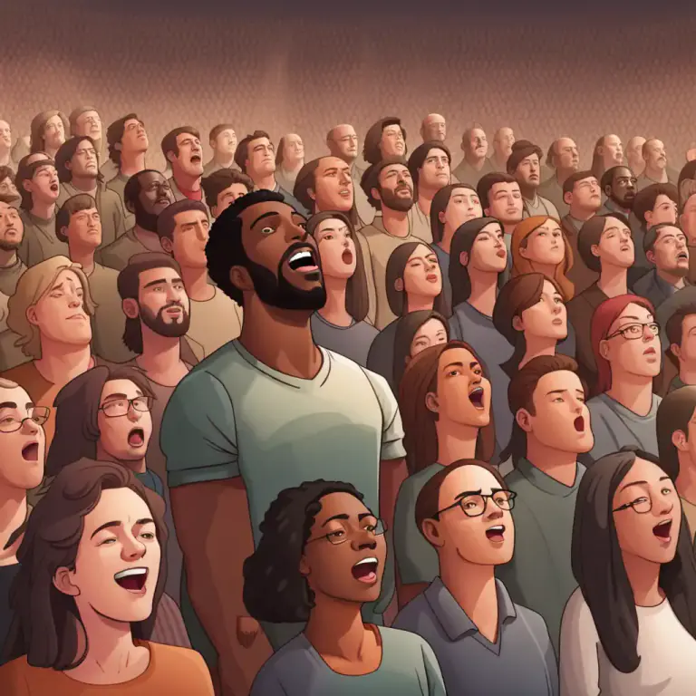 Visual representation of "join in" - To add one's voice to a song or chant that is being sung or chanted by others.