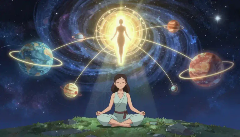 Visual representation of "theosophy" - A belief system that aims to understand the mysteries of the universe and the bonds that unite the universe, humanity and the divine.