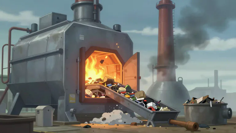 Visual representation of "incinerator" - An incinerator is a large machine used to burn waste so that it turns into ash, smoke, and gas.