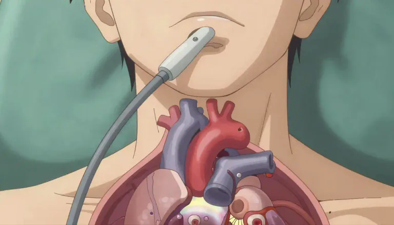 Visual representation of "transesophageal" - Relating to, or involving the passage through, the esophagus.