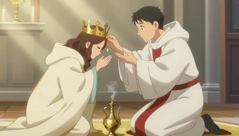 Visual representation of "unction" - The act of applying oil or ointment to someone, often as part of a religious ceremony.