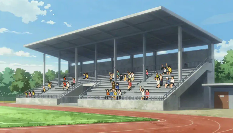 Visual representation of "bleachers" - A large, usually open structure for seating people at a sports event.