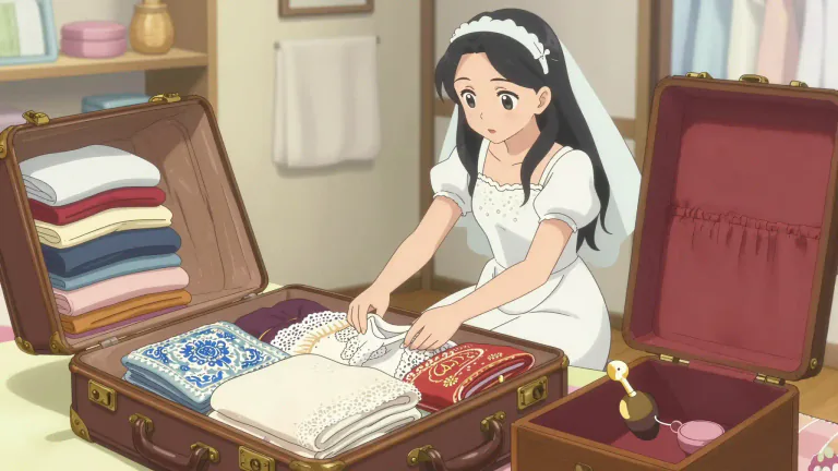 Visual representation of "trousseau" - The clothes, linen, and other items that a bride assembles for her marriage.