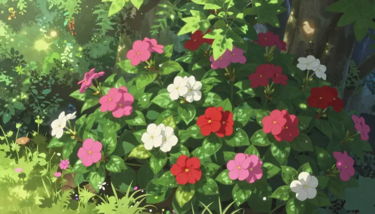 Visual representation of "impatiens" - A type of flowering plant known for its bright blooms and shade tolerance, commonly used in gardens.
