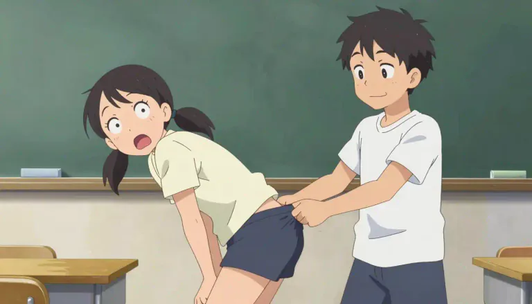 Visual representation of "wedgie" - A prank where someone's underwear is pulled upward from the back, causing it to bunch up between the buttocks.