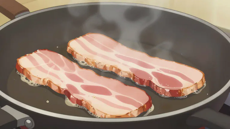Visual representation of "rasher" - A thin slice of bacon or ham for frying or grilling.