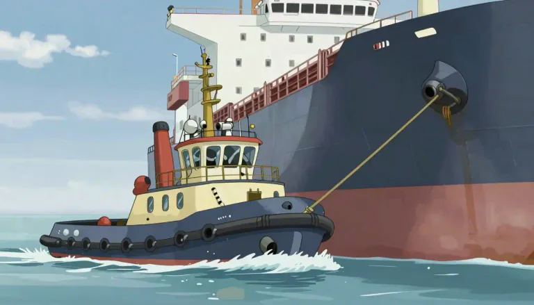 Visual representation of "tugboat" - A tugboat is a small, powerful boat used for towing or pushing larger ships.