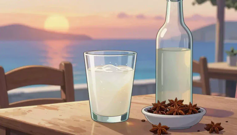 Visual representation of "ouzo" - Ouzo is a strong Greek alcoholic drink made from distilled grape residue and flavored with anise. It is often served as an aperitif and is popular in various Mediterranean countries.