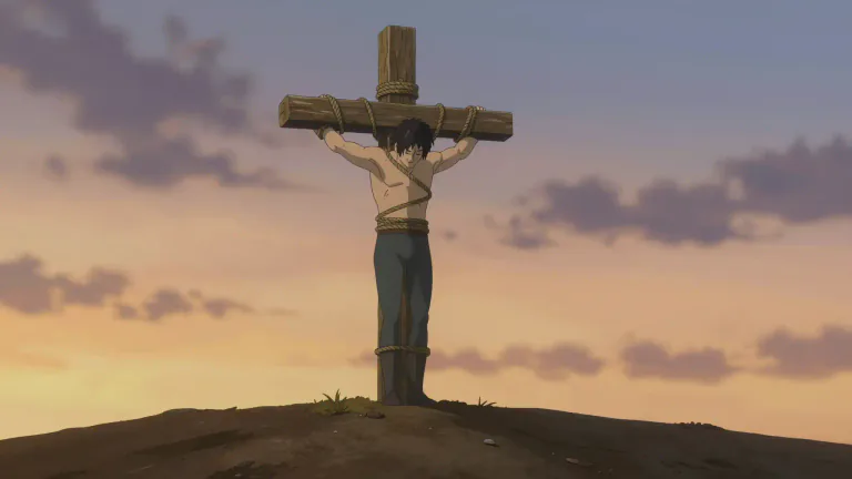 Visual representation of "crucify" - To put to death by nailing or binding to a cross.